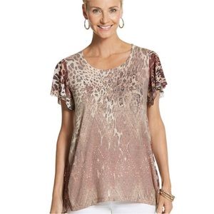 Chico’s Animal Abstract Print Blouse T-Shirt Sheer Flutter Sleeves SharkBite Hem
